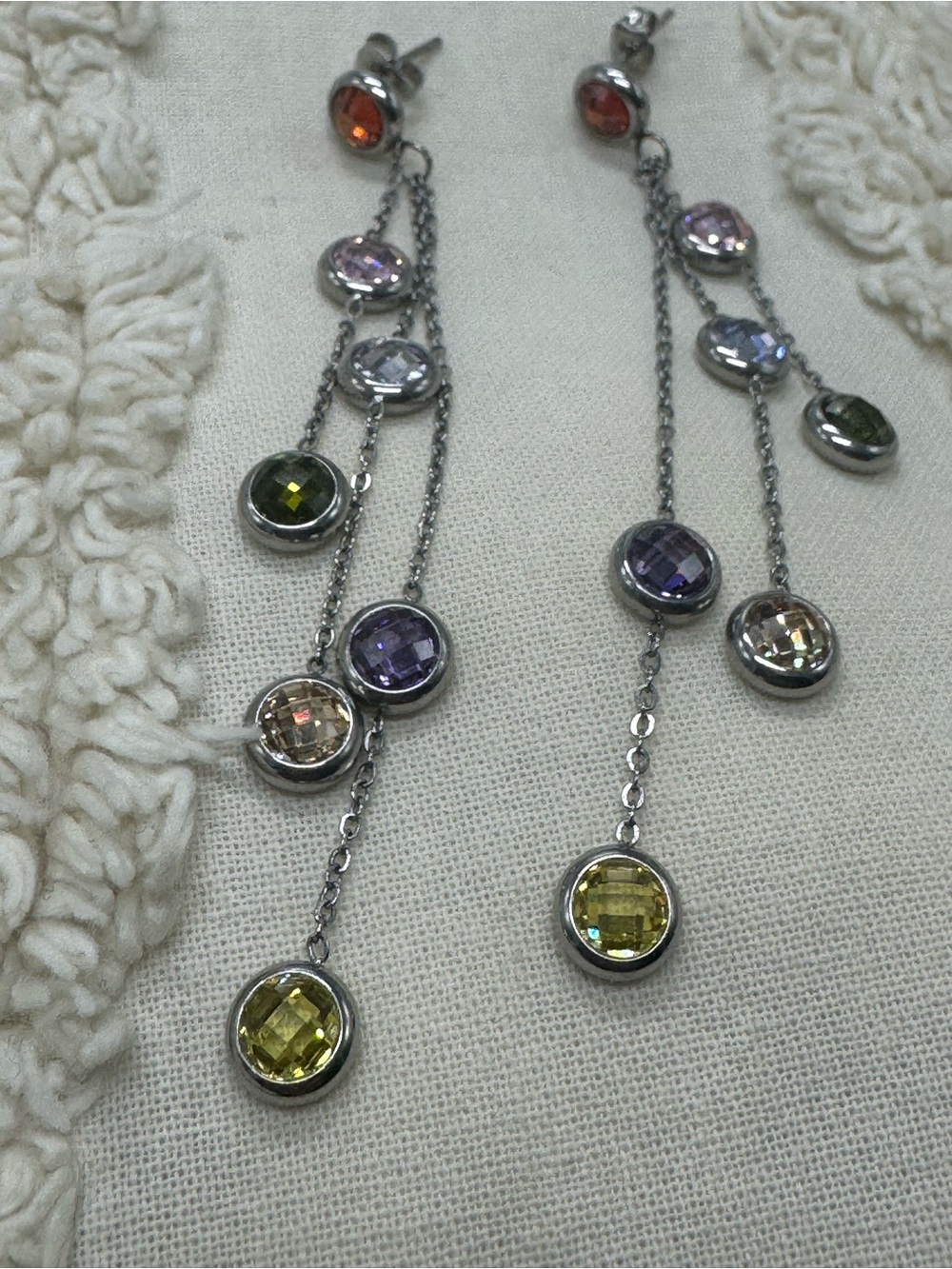 Multicolor Zirconia Long Dangle Earrings Silver-Tone Steel